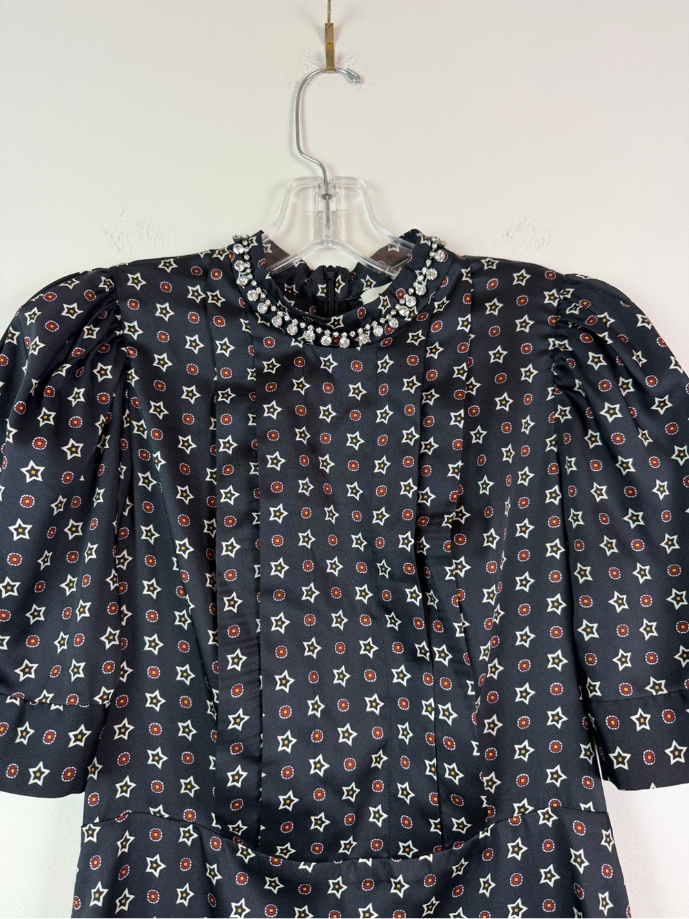 Sandro Short Star-Print Satin Dress with Rhinestone Neckline Size 36 US 4 - Picture 5 of 16